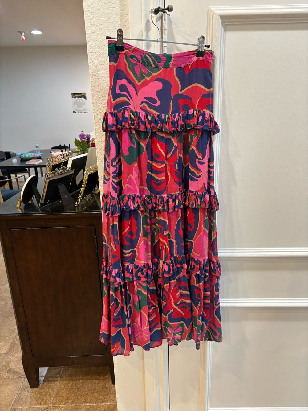 FARM Rio Pink Multi Tiered Maxi Skirt with Navy & Green Accents